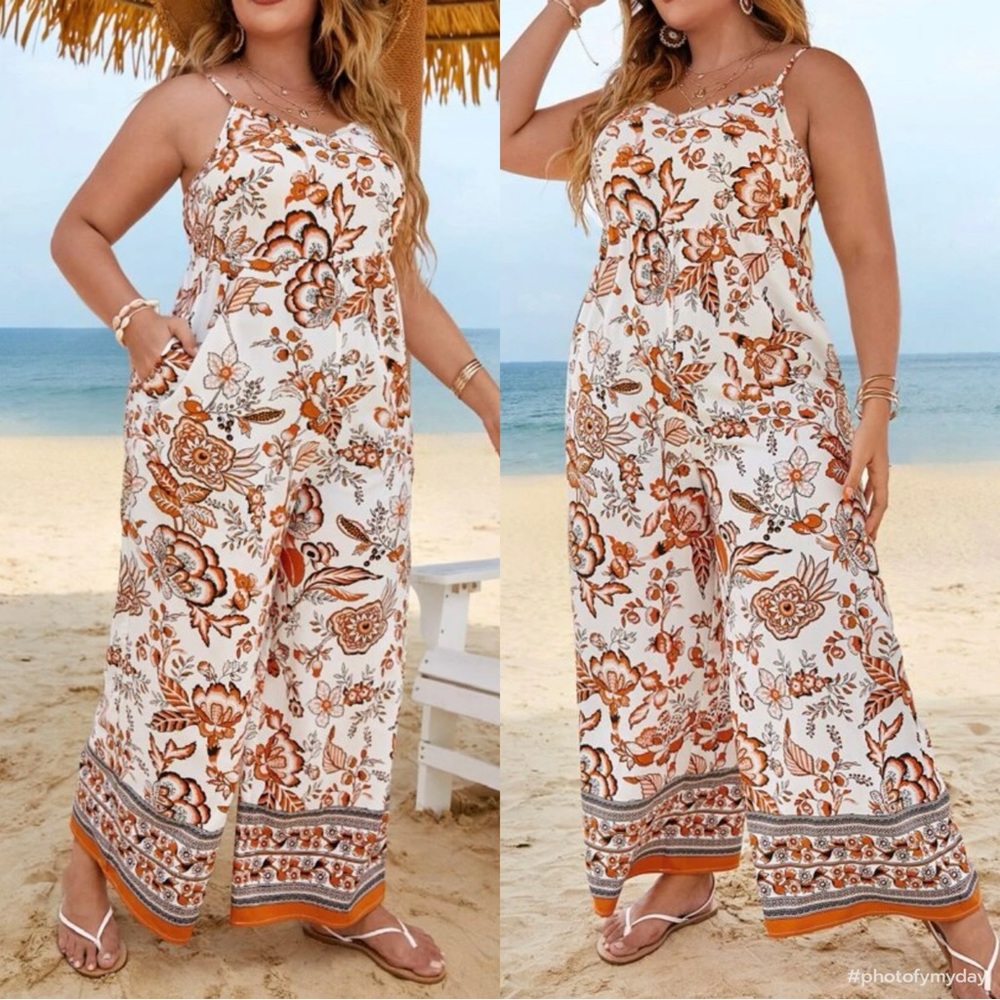 Bohemian Boho Plus Size Floral Paisley Pockets Wide Leg Pants Jumpsuit - Picture 1 of 11